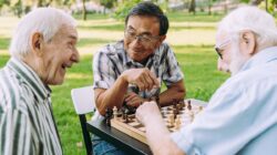 Joyous seniors playing chess