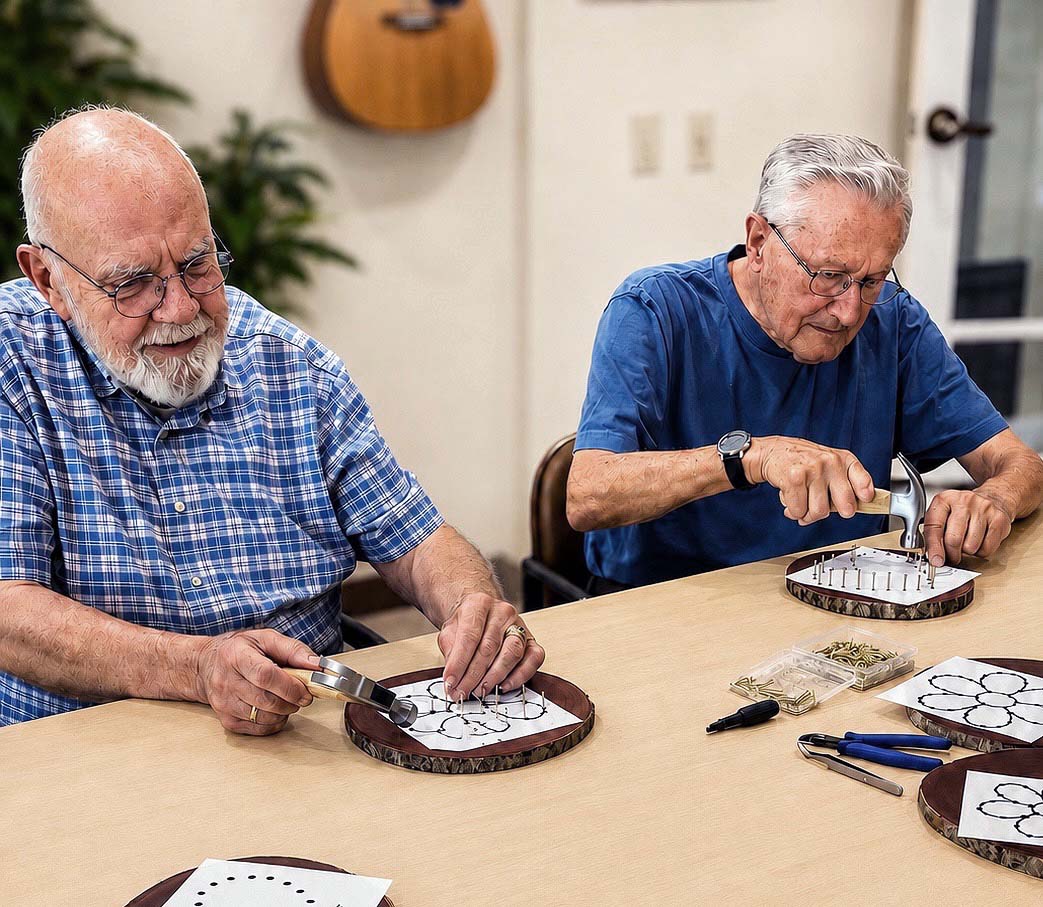 Two senior men hammering nails into flower craft.